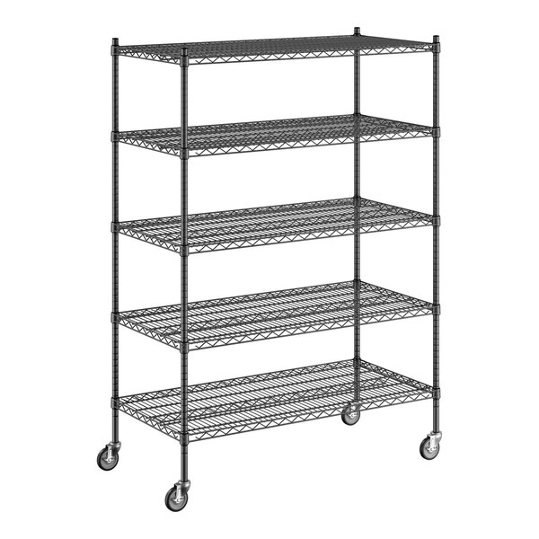 A black wire shelving unit with five shelves and wheels.