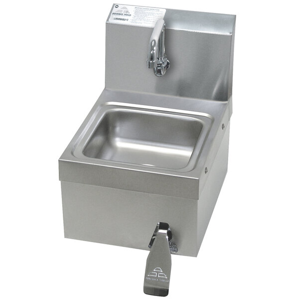 A stainless steel Advance Tabco hand sink with a knee valve faucet.
