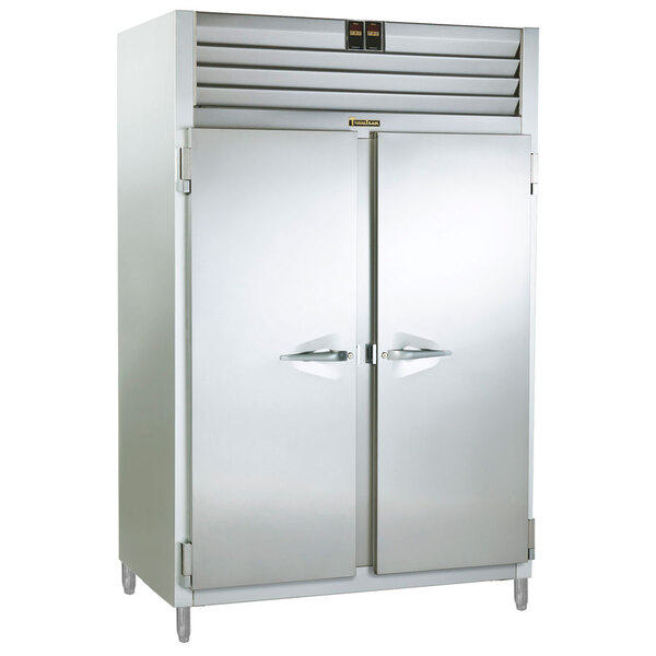 A large stainless steel Traulsen refrigerator with two doors.