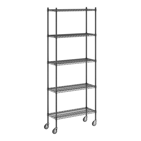 A Regency black wire shelving starter kit with wheels and 5 shelves.