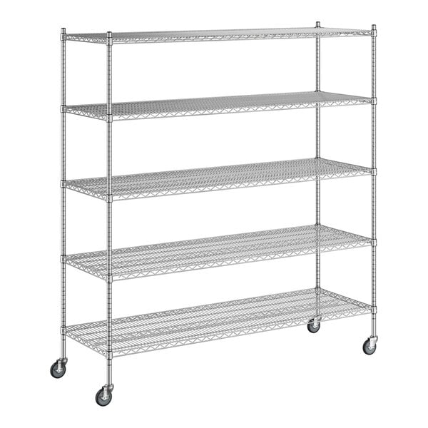 A Regency stainless steel wire shelving unit with wheels and five shelves.
