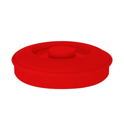 A red container with a round lid.