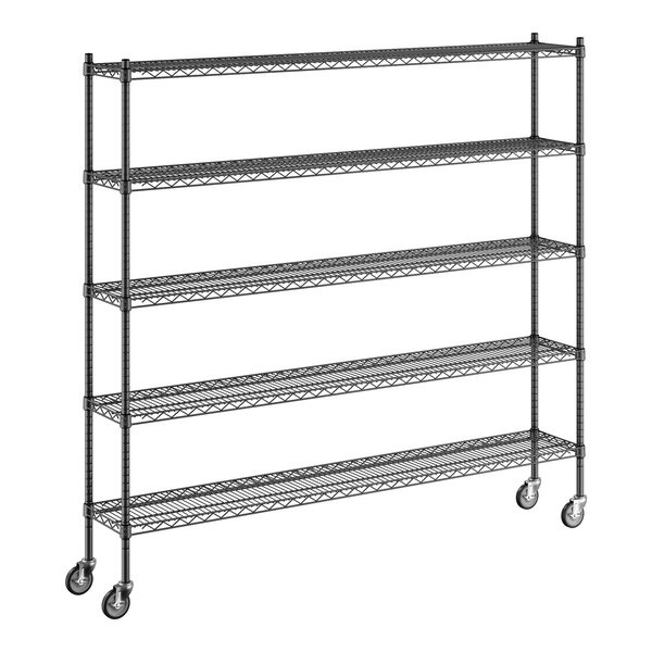 A close-up of a black Regency wire shelving unit with wheels.