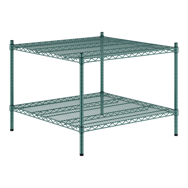 A Regency green wire shelving unit with two shelves.