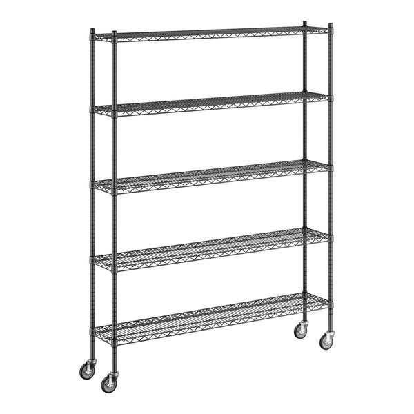 A Regency black wire shelving starter kit with wheels and five shelves.