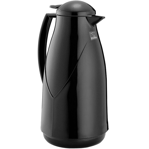 A Zojirushi black glass-lined coffee carafe with a lid and handle.