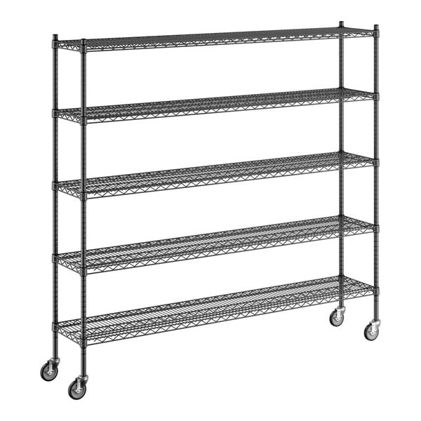 A close-up of a black wire shelf from a Regency mobile wire shelving unit.