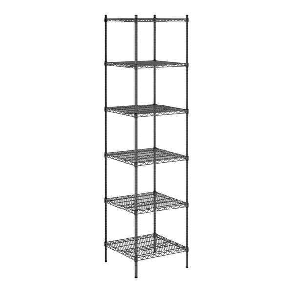 A black metal Regency wire shelving unit with six shelves.