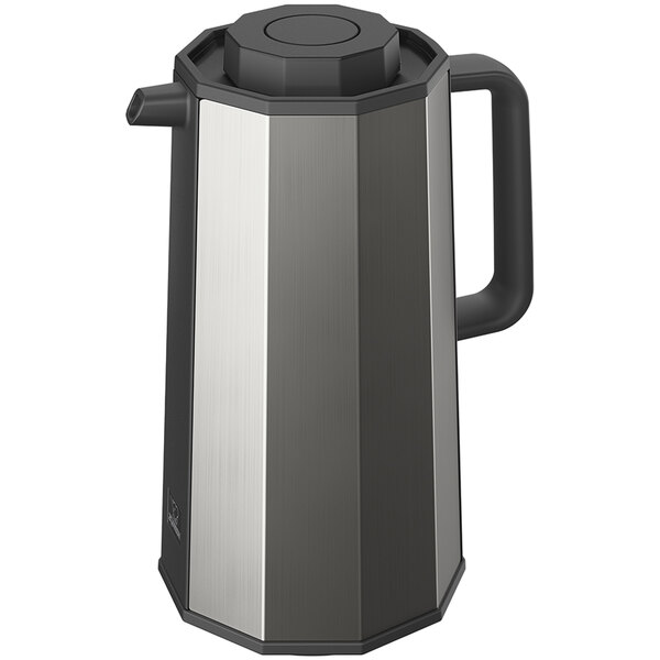 A silver and black Zojirushi glass-lined coffee carafe with a push-button stopper.