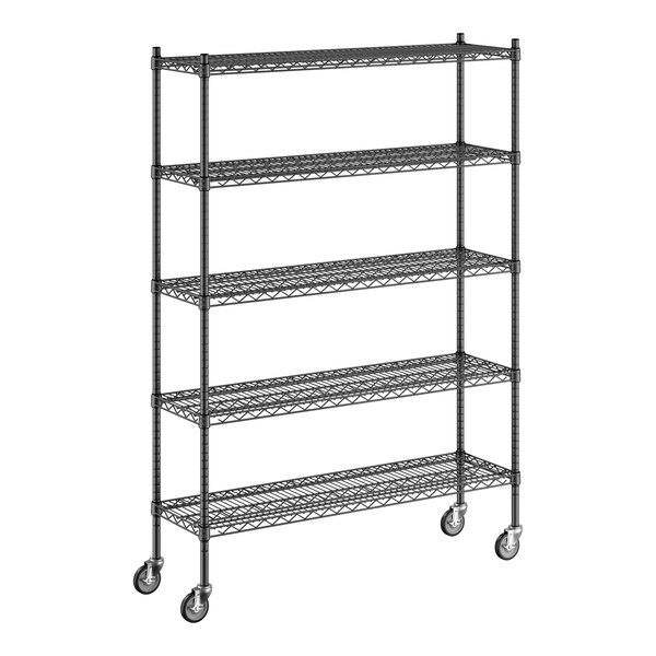 A wireframe Regency black mobile shelving unit with 5 shelves and wheels.
