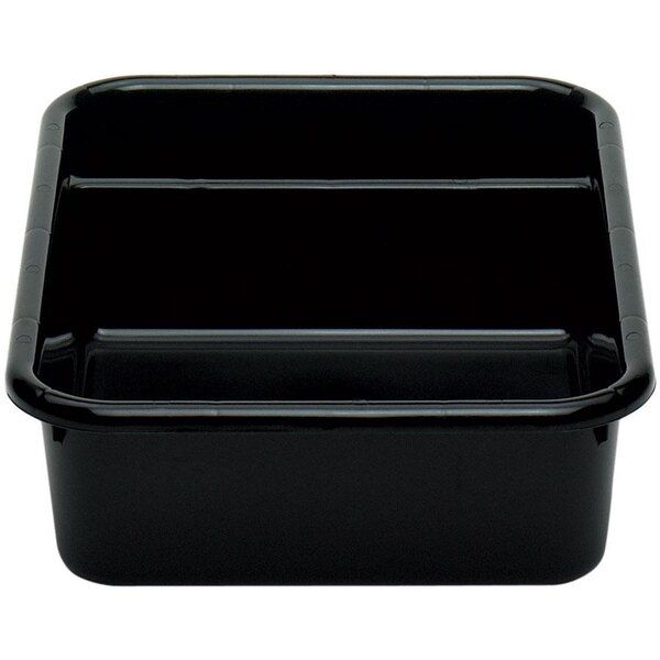 A black rectangular Cambro bus tub with two compartments.