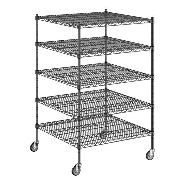 A Regency black wire shelving unit with wheels and 5 shelves.