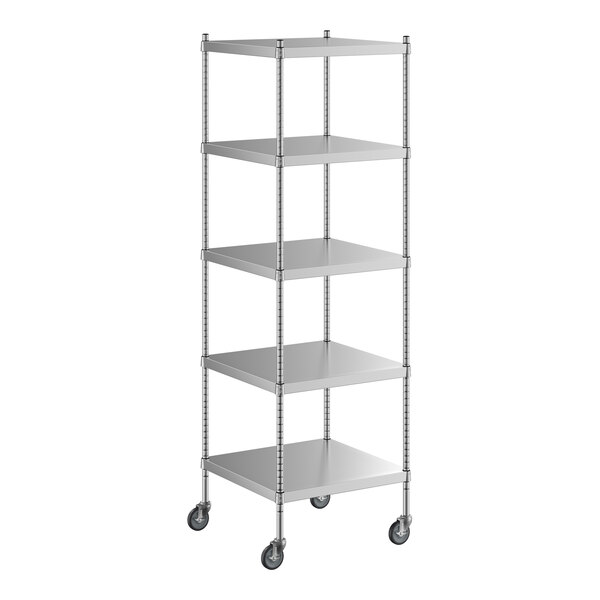 A Regency stainless steel shelving unit on wheels with 5 shelves.