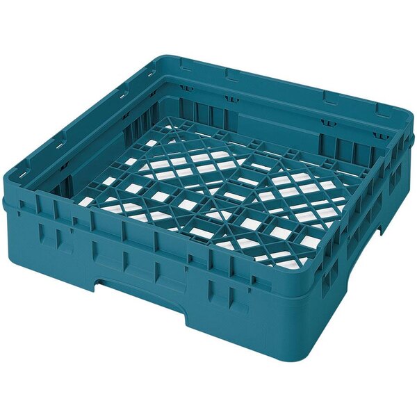 A teal plastic Cambro dish rack with closed sides and holes in it.