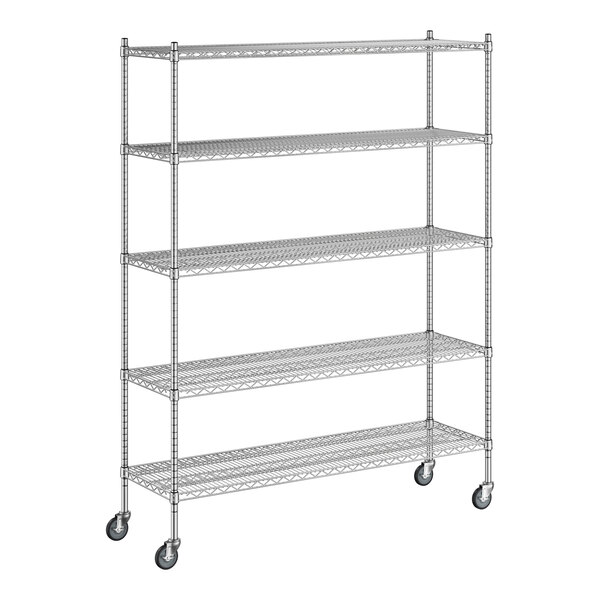 A Regency stainless steel wire mobile shelving unit with wheels.