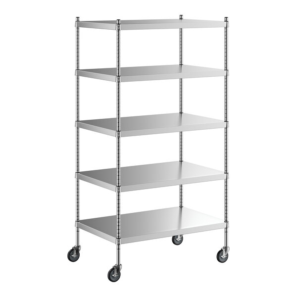 A Regency stainless steel shelving unit with wheels.