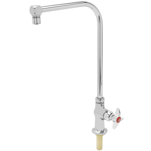 A silver T&amp;S deck mount pot filler faucet with a 4-arm handle.