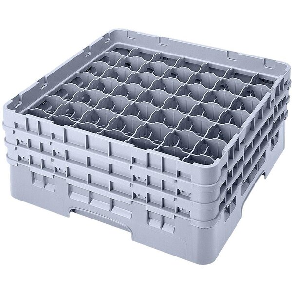 A grey plastic Cambro glass rack with 49 compartments and extenders.