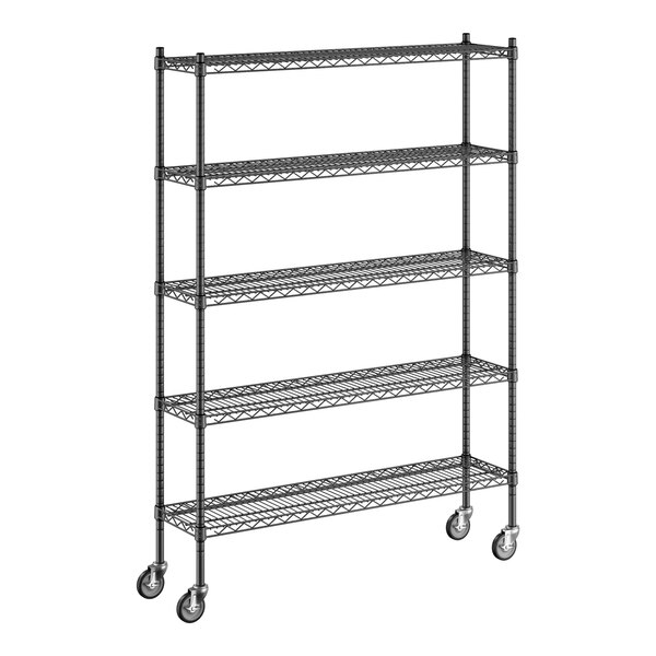 A black wire Regency mobile shelving unit with 5 shelves and wheels.