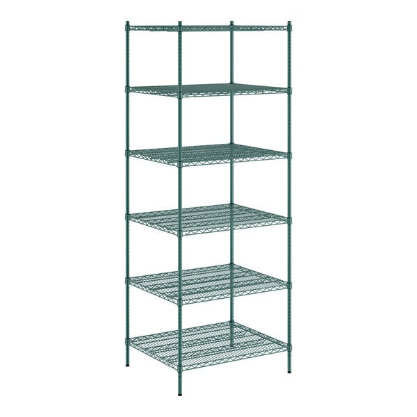 A Regency green wire shelving unit with six shelves.
