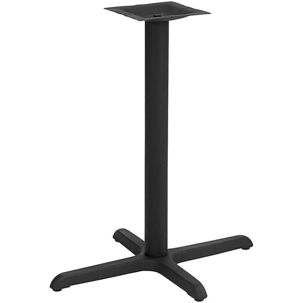 A black metal American Tables & Seating bar height table base with a cross-shaped base.