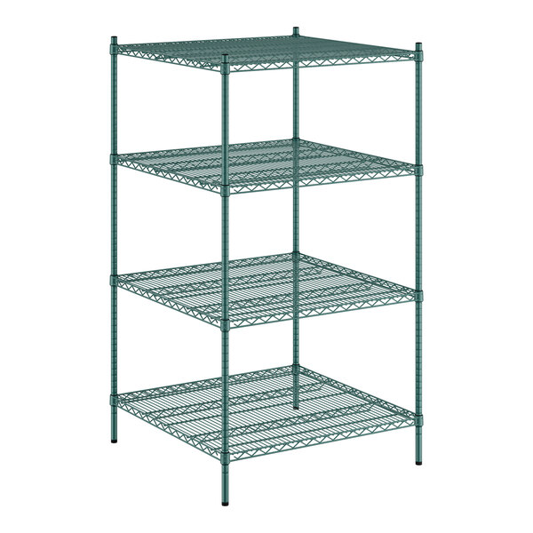 A Regency green wire shelving unit with four shelves.