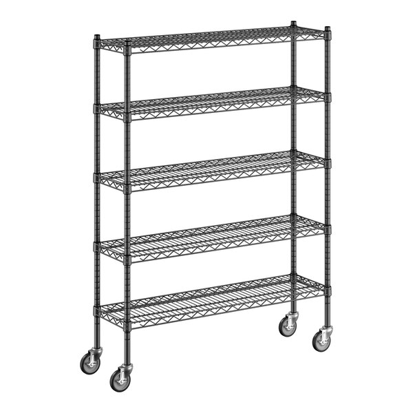 A black metal Regency mobile wire shelving unit with wheels.
