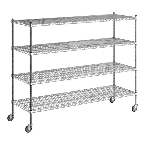 A Regency chrome wire shelving unit with wheels and four shelves.