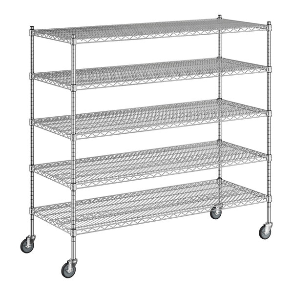 A Regency chrome wire shelving unit with wheels and five shelves.
