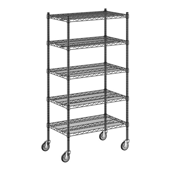 A black wire shelving unit with wheels.