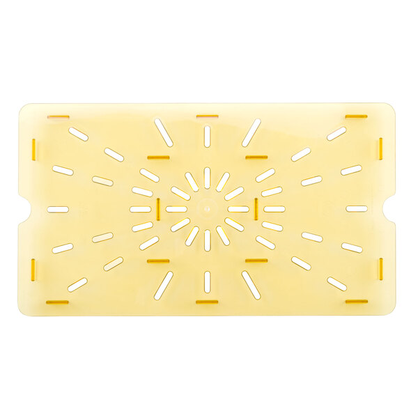 A yellow plastic tray with holes in it.