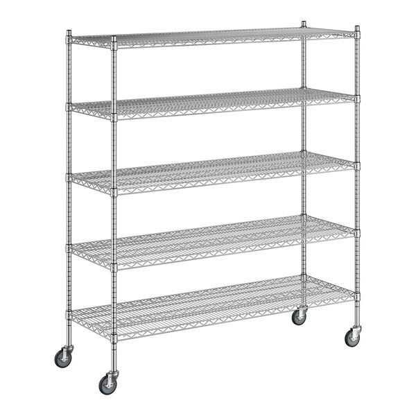 A wireframe of a Regency chrome mobile wire shelving unit with 5 shelves.
