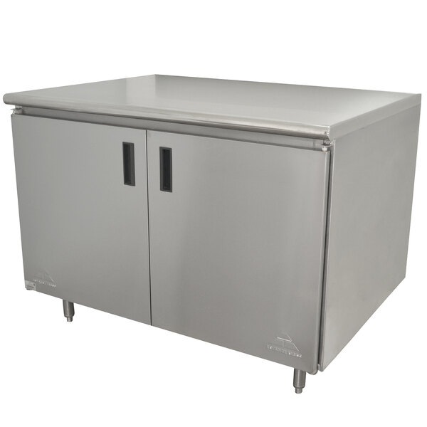 A large stainless steel cabinet with hinged doors and a fixed midshelf.