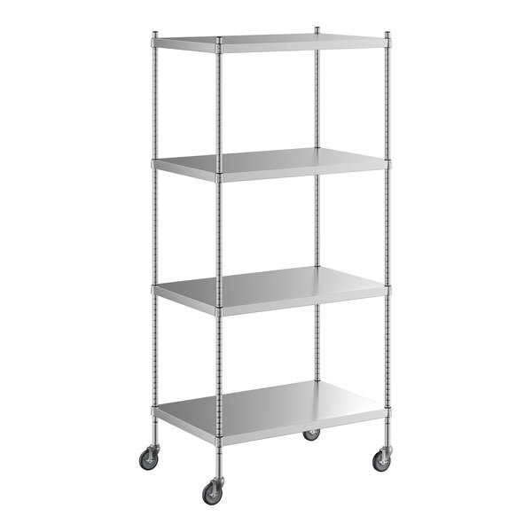 A Regency stainless steel mobile shelving unit with 4 shelves and wheels.