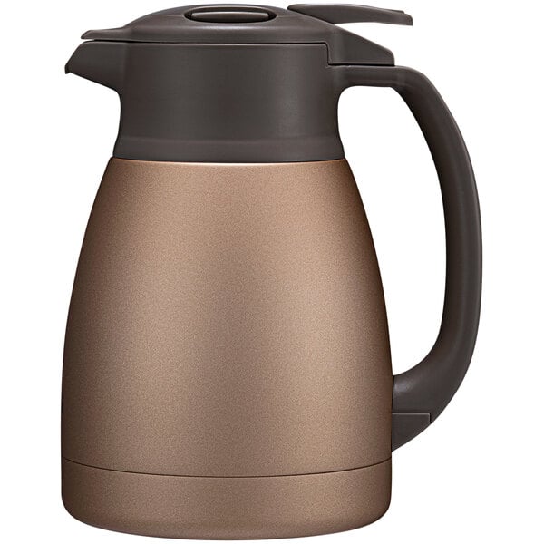 A brown and black Zojirushi stainless steel coffee carafe.
