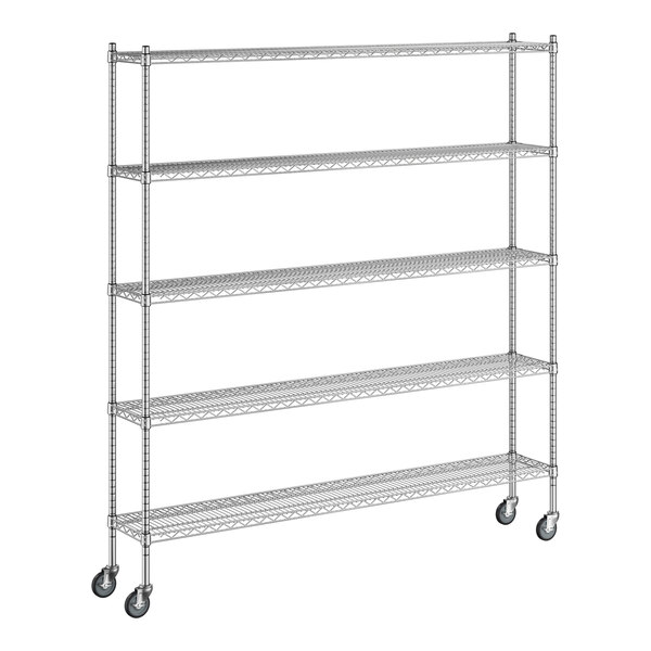 A wireframe of a Regency chrome mobile wire shelving unit with wheels.