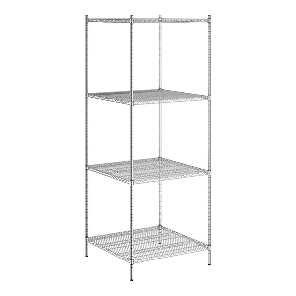 A wireframe of a Regency chrome stationary wire shelving unit with 4 shelves.