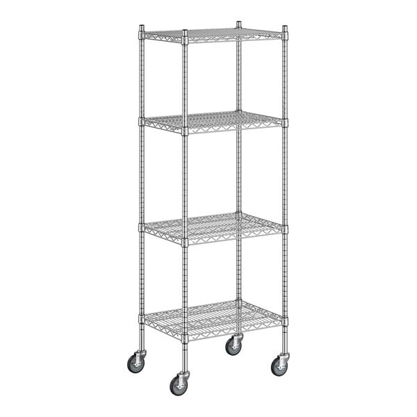 A Regency stainless steel wire shelving unit on wheels with 4 shelves.