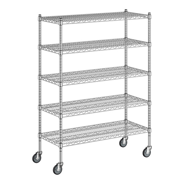 A Regency chrome mobile wire shelving unit with wheels.