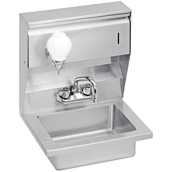An Elkay stainless steel wall mount hand sink with a swing spout faucet.