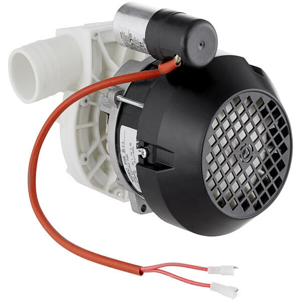 A small electric motor with a red wire and a black and white pump.