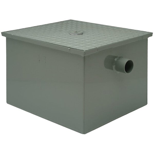 A gray metal Zurn grease trap box with white no-hub connections.