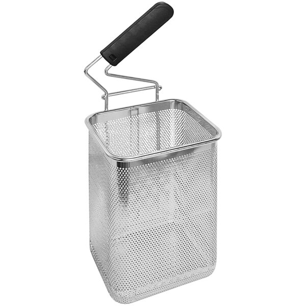 An Arcobaleno stainless steel mesh basket with a black handle.