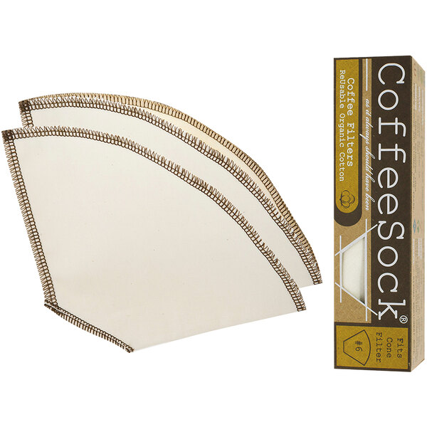 A white and brown CoffeeSock Drip Cone reusable coffee filter.