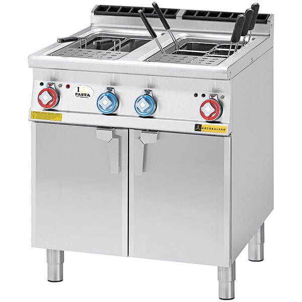 An Arcobaleno Elettra double tank pasta cooker on a counter in a large commercial kitchen.
