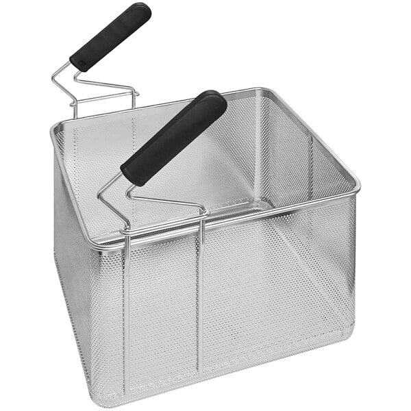An Arcobaleno stainless steel pasta cooker basket with black handles.