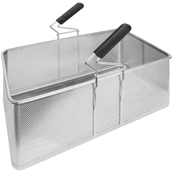 An Arcobaleno stainless steel mesh pasta cooker basket with black handles.