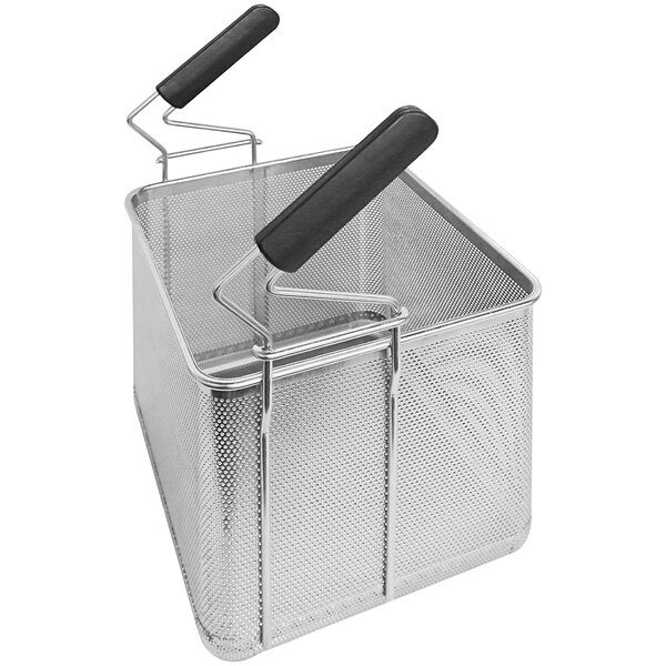 A stainless steel mesh basket with metal handles.