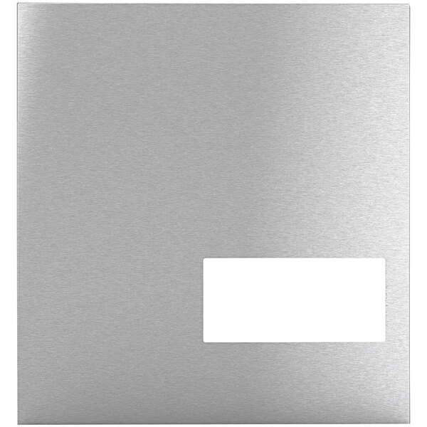 A silver metal panel with a white rectangular label.