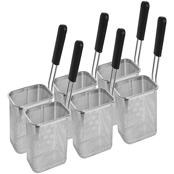 A set of six stainless steel pasta cooker baskets with black and silver handles.